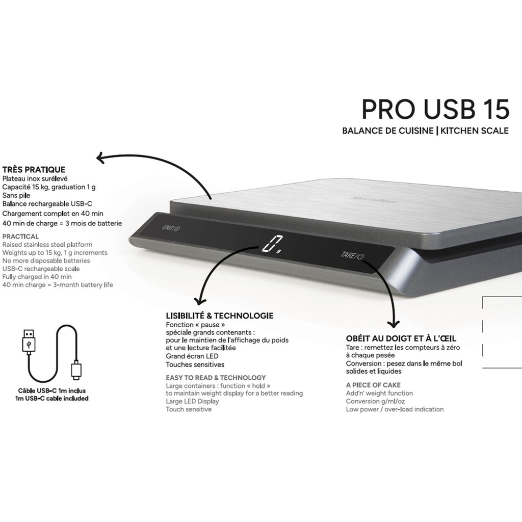Terraillon – Köksvåg PRO USB-C 15kg Rostfritt IP67