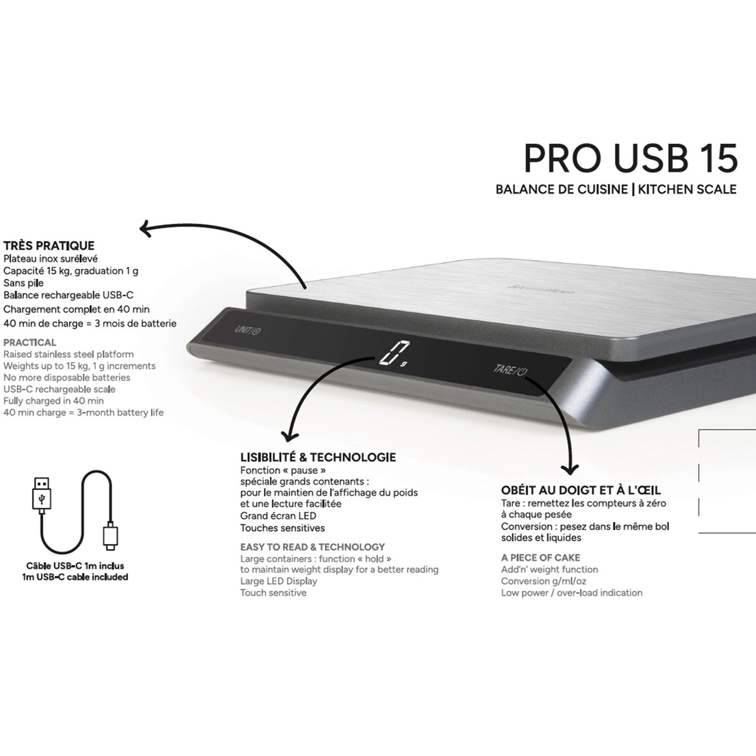 Terraillon – Köksvåg PRO USB-C 15kg Rostfritt IP67