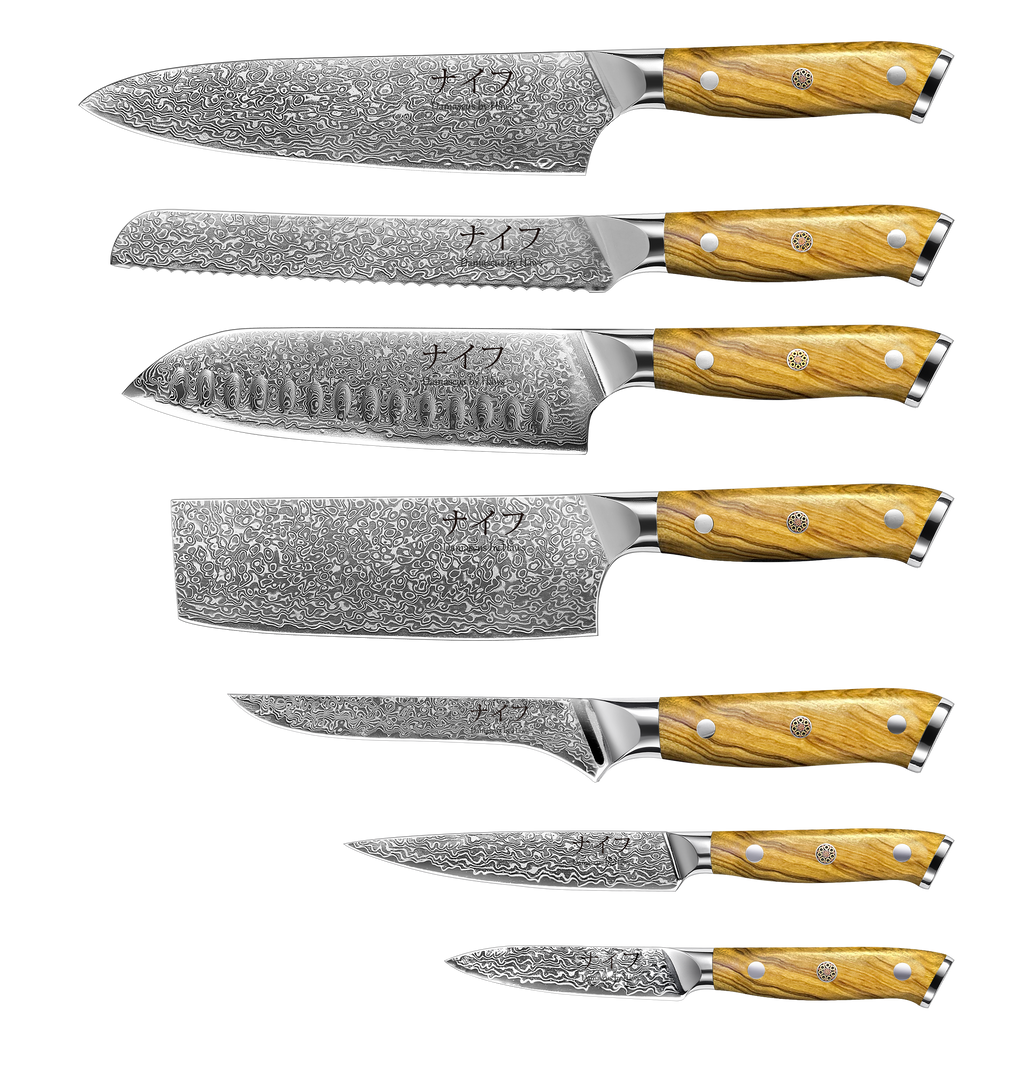 Damascus by Hâws Kock-, bröd-, santoku-, nakiri-, trancher-, universal- och örtkniv – 7 st