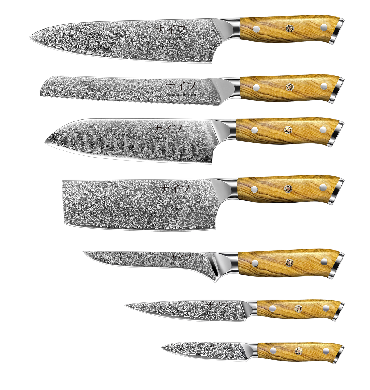 Damascus by Hâws Kock-, bröd-, santoku-, nakiri-, trancher-, universal- och örtkniv – 7 st