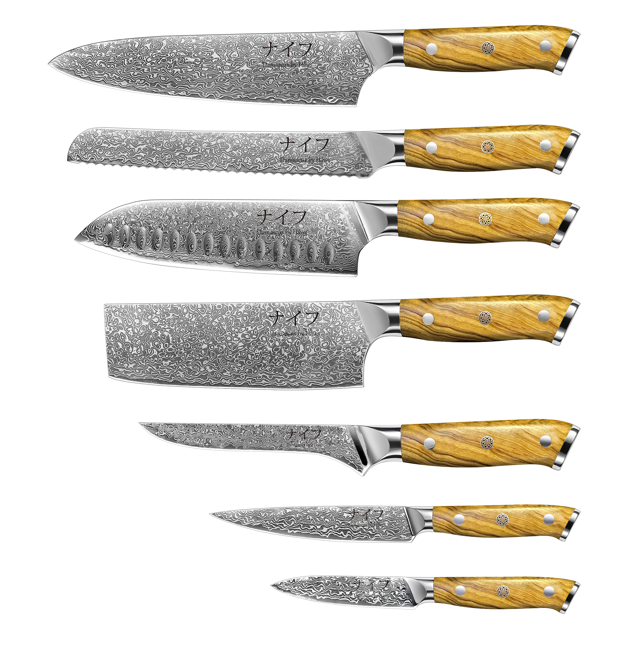 Damascus by Hâws Kock-, bröd-, santoku-, nakiri-, trancher-, universal- och örtkniv – 7 st