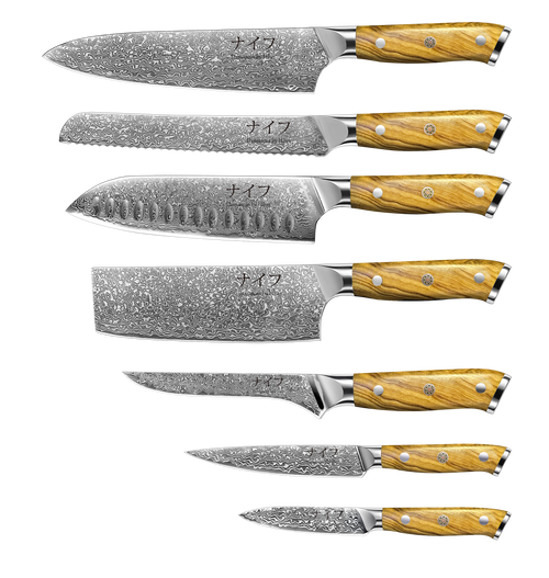 Damascus by Hâws Kock-, bröd-, santoku-, nakiri-, trancher-, universal- och örtkniv – 7 st