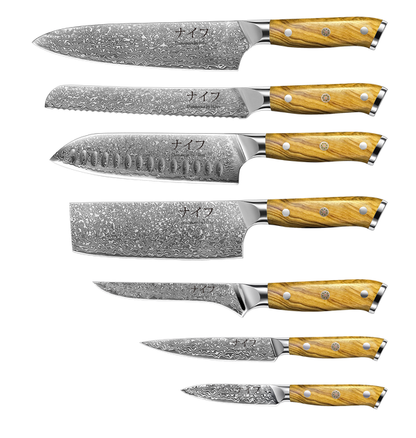 Damascus by Hâws Kock-, bröd-, santoku-, nakiri-, trancher-, universal- och örtkniv – 7 st