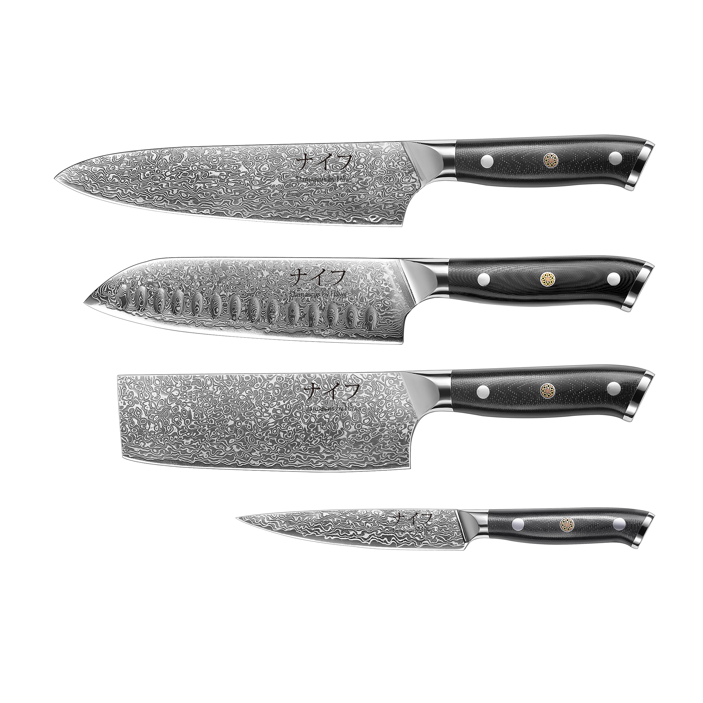 Damascus by Hâws Kockkniv 32 cm + Santokukniv + Grönsakskniv 30 cm + Allkniv 24 cm G10